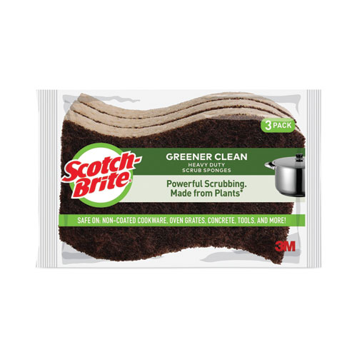 Picture of Greener Clean Heavy-Duty Scrub Sponge, 4.5 x 2.7, 0.6" Thick, Light Brown, 3/Pack