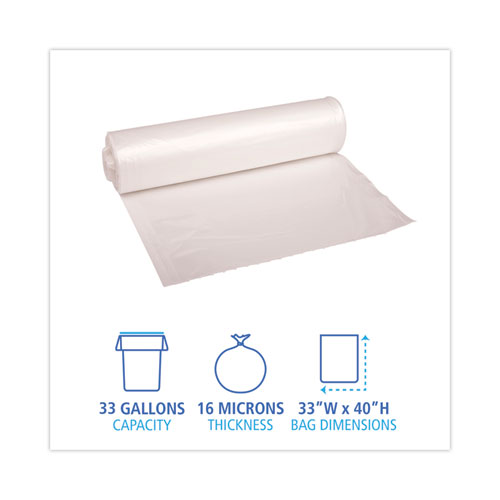 Picture of High Density Industrial Can Liners Coreless Rolls, 33 gal, 16 mic, 33" x 40", Natural, Perforated, 25 Bags/Roll, 10 Rolls/CT