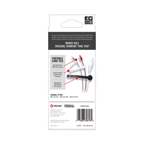 Picture of Portable Cord Ties, (4) 3" x 0.25"/ (4) 5" x 0.38"/ (4) 7" x 0.5", Black/Gray/White, 12/Pack