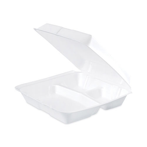 Picture of Insulated Foam Hinged Lid Containers, 3-Compartment, 9.3 x 9.5 x 3, White, 200/Pack, 2 Packs/Carton