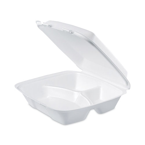 Picture of Insulated Foam Hinged Lid Containers, 3-Compartment, 9 x 9.4 x 3, White, 200/Pack, 2 Packs/Carton