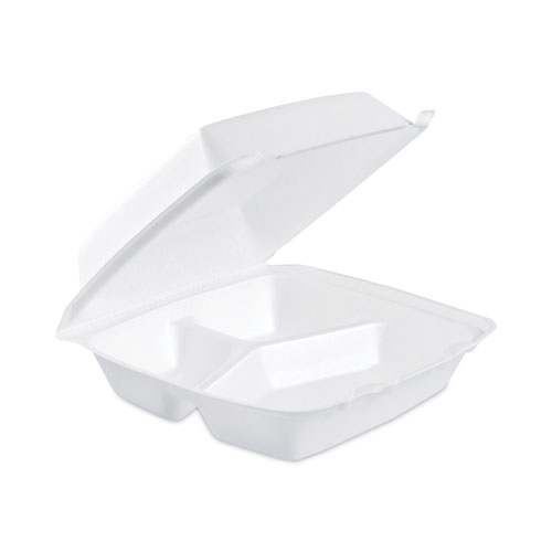 Picture of Insulated Foam Hinged Lid Containers, 3-Compartment. 7.9 x 8.4 x 3.3, White, 200/Carton