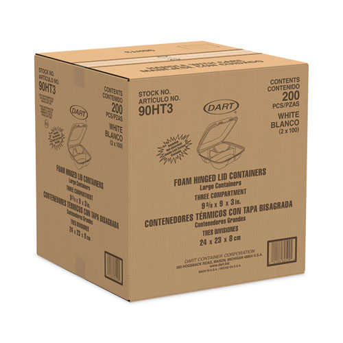 Picture of Insulated Foam Hinged Lid Containers, 3-Compartment, 9 x 9.4 x 3, White, 200/Pack, 2 Packs/Carton