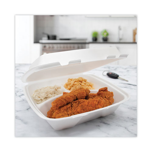 Picture of Insulated Foam Hinged Lid Containers, 3-Compartment, 9 x 9.4 x 3, White, 200/Pack, 2 Packs/Carton