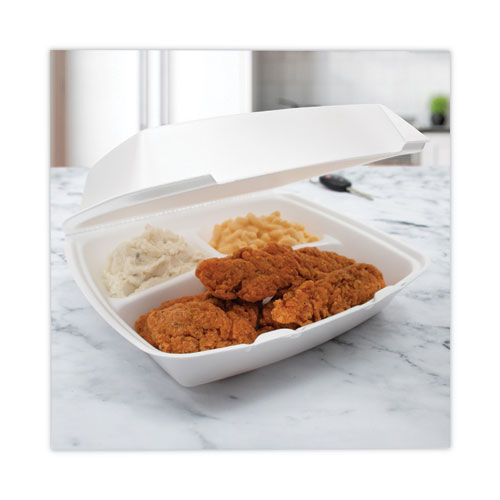 Picture of Insulated Foam Hinged Lid Containers, 3-Compartment. 7.9 x 8.4 x 3.3, White, 200/Carton