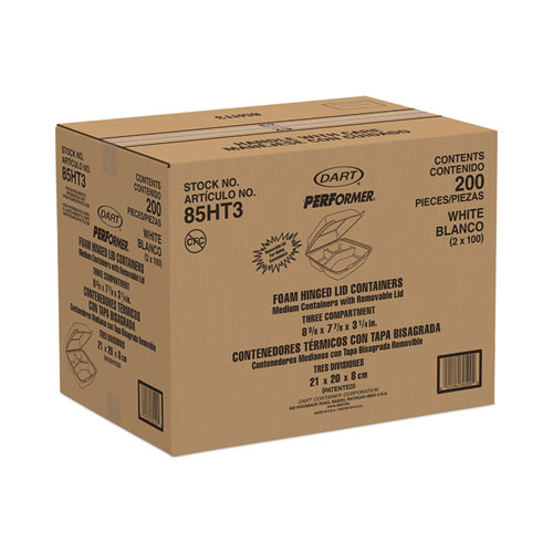 Picture of Insulated Foam Hinged Lid Containers, 3-Compartment. 7.9 x 8.4 x 3.3, White, 200/Carton