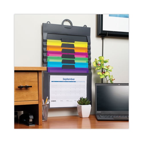 Picture of Cascading Wall Organizer, 6 Sections, Letter Size, 14.25 x 24.25, Gray, Neon Green, Neon Orange, Neon Pink, Purple, Yellow