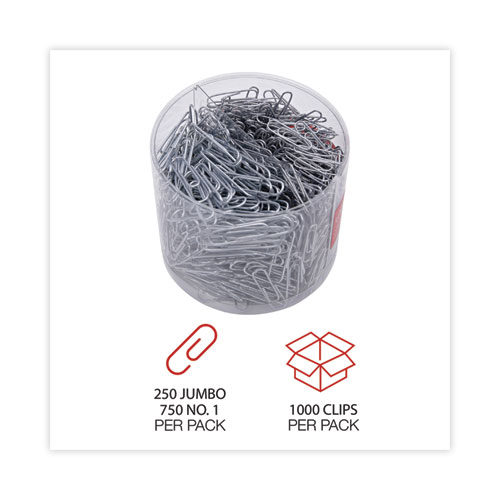 Picture of Plastic-Coated Paper Clips with Two-Compartment Dispenser Tub, (750) #2 Clips, (250) Jumbo Clips, Silver