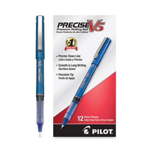 Picture of Precise V5 Roller Ball Pen, Stick, Extra-Fine 0.5 mm, Blue Ink, Blue/Clear Barrel, Dozen