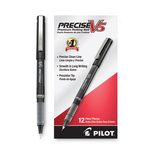 Picture of Precise V5 Roller Ball Pen, Stick, Extra-Fine 0.5 mm, Black Ink, Black/Clear Barrel, Dozen