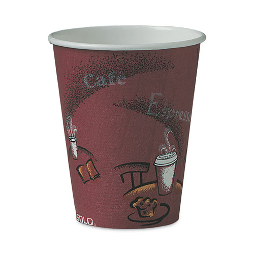 Picture of Paper Hot Drink Cups in Bistro Design, 8 oz, Maroon, 50/Bag, 20 Bags/Carton
