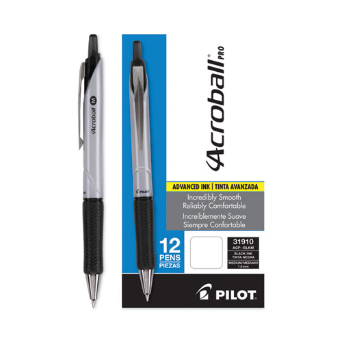 Picture of Acroball Pro Advanced Ink Hybrid Gel Pen, Retractable, Medium 1 mm, Black Ink, Silver/Black Barrel, Dozen