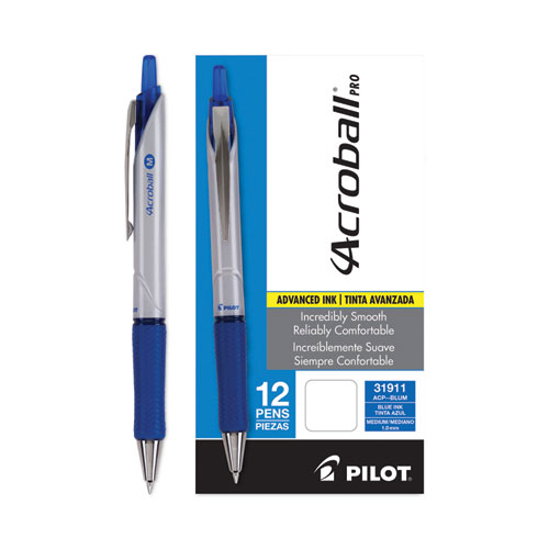 Picture of Acroball Pro Advanced Ink Hybrid Gel Pen, Retractable, Medium 1 mm, Blue Ink, Silver/Blue Barrel, Dozen