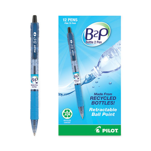 Picture of B2P Bottle-2-Pen Recycled Ballpoint Pen, Retractable, Fine 0.7 mm, Black Ink, Translucent Blue Barrel, Dozen