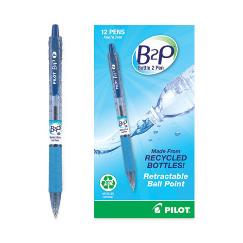 Picture of B2P Bottle-2-Pen Recycled Ballpoint Pen, Retractable, Fine 0.7 mm, Blue Ink, Translucent Blue Barrel, Dozen