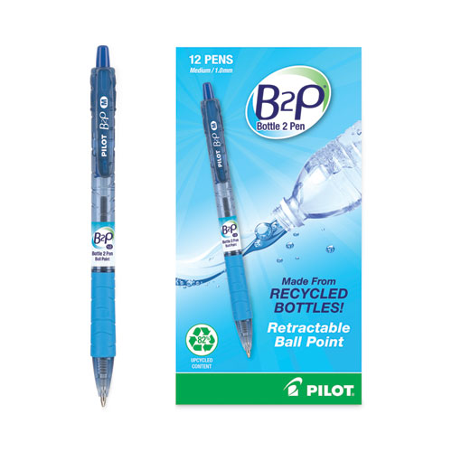 Picture of B2P Bottle-2-Pen Recycled Ballpoint Pen, Retractable, Medium 1 mm, Blue Ink, Translucent Blue Barrel, Dozen