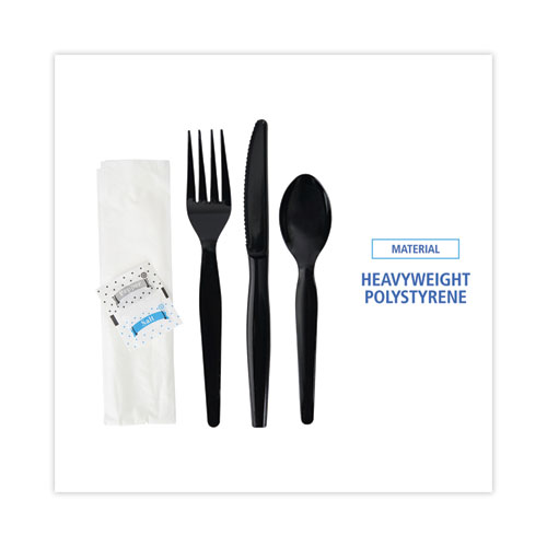 Picture of Six-Piece Cutlery Kit, Condiment/Fork/Knife/Napkin/Spoon, Heavyweight, Black, 250/Carton
