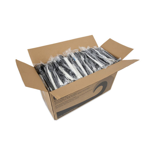 Picture of Six-Piece Cutlery Kit, Condiment/Fork/Knife/Napkin/Spoon, Heavyweight, Black, 250/Carton