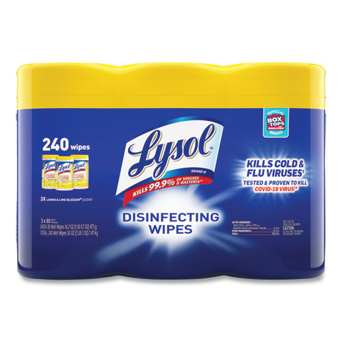 Picture of Disinfecting Wipes, 1-Ply, 7 x 7.25, Lemon and Lime Blossom, White, 80 Wipes/Canister, 3 Canisters/Pack, 2 Packs/Carton