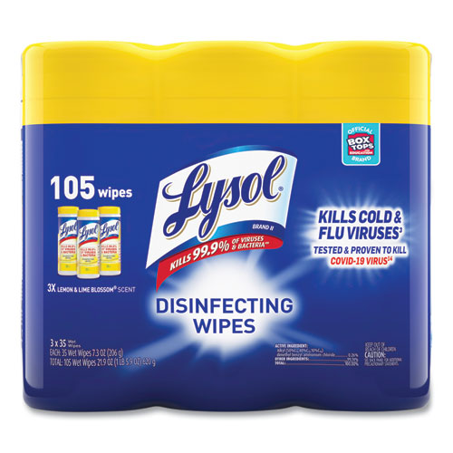 Picture of Disinfecting Wipes, 1-Ply, 7 x 7.25, Lemon and Lime Blossom, White, 35 Wipes/Canister, 3 Canisters/Pack