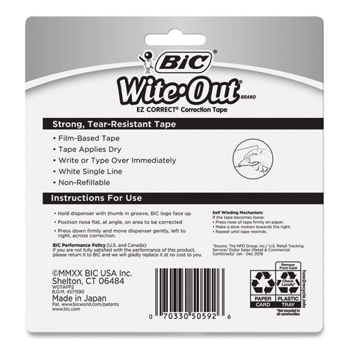 Picture of Wite-Out EZ Correct Correction Tape, Non-Refillable, Randomly Assorted Applicator Colors, 0.17" x 472", 2/Pack