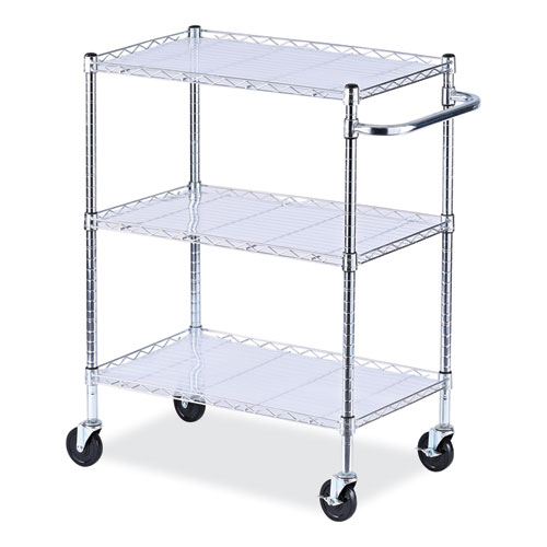 Picture of Three-Shelf Wire Cart with Liners, Metal, 3 Shelves, 600 lb Capacity, 34.5" x 18" x 40", Silver