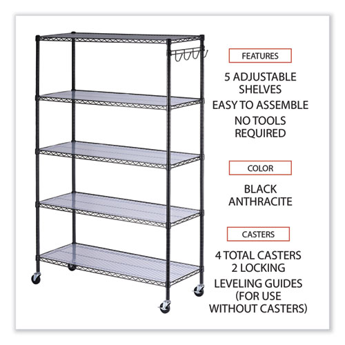 Picture of 5-Shelf Wire Shelving Kit with Casters and Shelf Liners, 48w x 18d x 72h, Black Anthracite