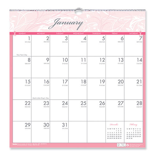Picture of Recycled Monthly Wall Calendar, Breast Cancer Awareness Artwork, 12 x 12, White/Pink/Gray Sheets, 12-Month (Jan-Dec): 2023