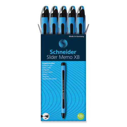 Picture of Slider Memo XB Ballpoint Pen, Stick, Extra-Bold 1.4 mm, Black Ink, Black/Light Blue Barrel, 10/Box