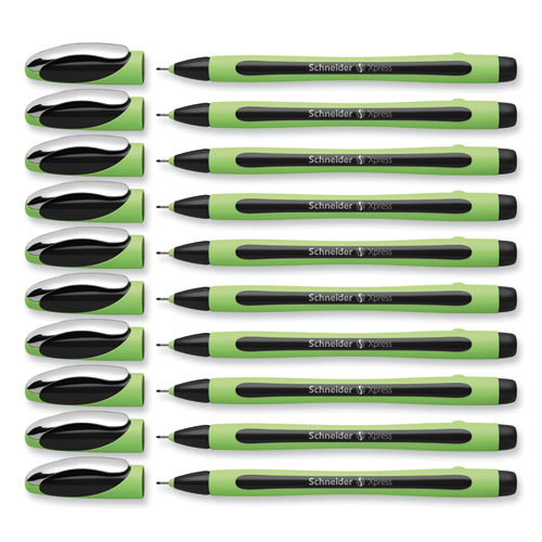 Picture of Xpress Fineliner Porous Point Pen, Stick, Medium 0.8 mm, Black Ink, Black/Green Barrel, 10/Box