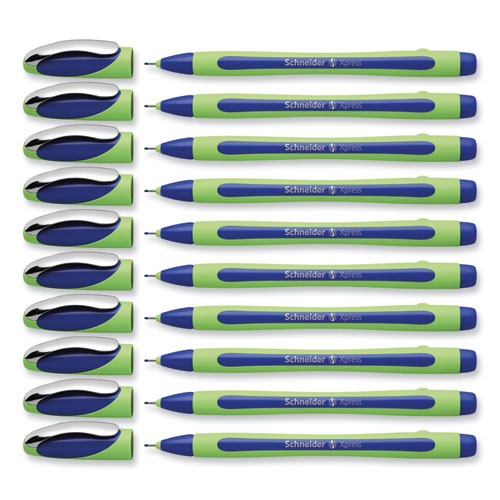 Picture of Xpress Fineliner Porous Point Pen, Stick, Medium 0.8 mm, Blue Ink, Blue/Green Barrel, 10/Box