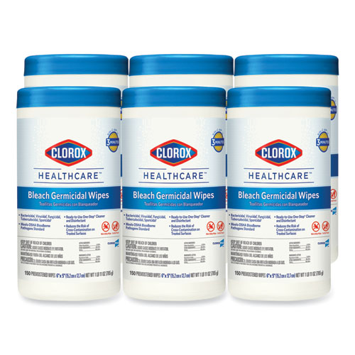 Bleach+Germicidal+Wipes%2C+1-Ply%2C+6+x+5%2C+Unscented%2C+White%2C+150%2FCanister%2C+6+Canisters%2FCarton