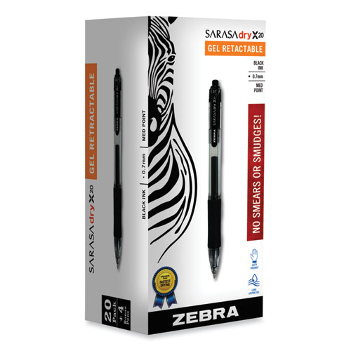 Sarasa+Dry+Gel+X20+Gel+Pen+Value+Pack%2C+Retractable%2C+Medium+0.7+mm%2C+Black+Ink%2C+Clear%2FBlack+Barrel%2C+24%2FBox