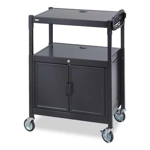 Picture of Steel Adjustable AV Cart with Cabinet, Metal, 3 Shelf, 6 AC Outlets, 40 lb Capacity, 26.75 x 20.5 x 42, Black
