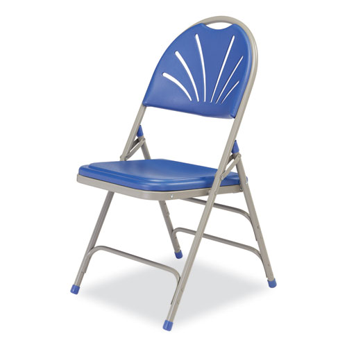 Picture of 1100 Series Deluxe Fan-Back Tri-Brace Folding Chair, Supports Up to 500 lb, Blue Seat, Blue Back, Gray Base, 4/Carton