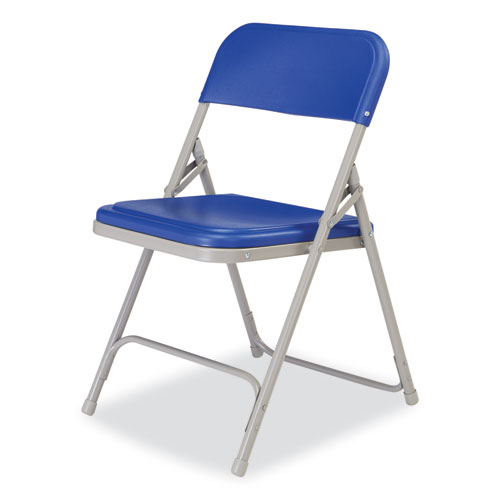Picture of 800 Series Premium Plastic Folding Chair, Supports Up to 500 lb, 18" Seat Height, Blue Seat, Blue Back, Gray Base, 4/Carton
