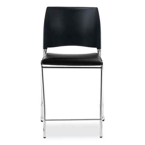 Picture of Cafetorium Counter Height Stool, Padded, Supports Up to 300 lb, 24" Seat Height, Black Seat, Black Back, Chrome Base