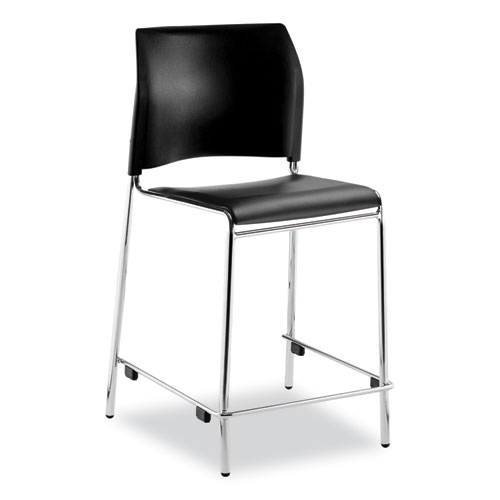 Picture of Cafetorium Counter Height Stool, Padded, Supports Up to 300 lb, 24" Seat Height, Black Seat, Black Back, Chrome Base