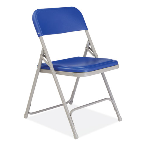 Picture of 800 Series Premium Plastic Folding Chair, Supports Up to 500 lb, 18" Seat Height, Blue Seat, Blue Back, Gray Base, 4/Carton