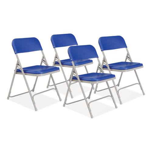 Picture of 800 Series Premium Plastic Folding Chair, Supports Up to 500 lb, 18" Seat Height, Blue Seat, Blue Back, Gray Base, 4/Carton