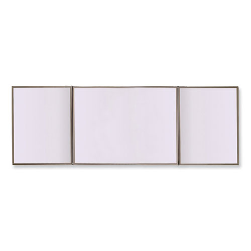 Picture of VisuALL PC Whiteboard Cabinet with Fabric Bulletin Board Exterior Doors, 36" x 24", Beige/White Surface, Satin Aluminum Frame