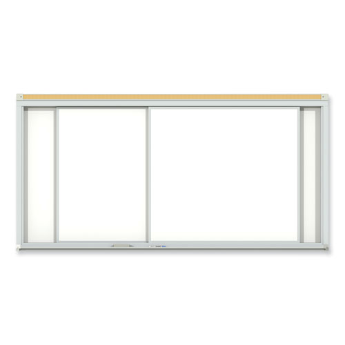 Picture of Horizontal Sliding Porcelain Magnetic Whiteboard, 144" x 48", White Surface, Anodized Aluminum Frame