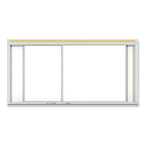 Picture of Horizontal Sliding Porcelain Magnetic Whiteboard, 96" x 48", White Surface, Anodized Aluminum Frame