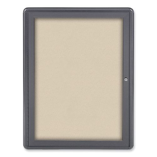 Picture of Ovation 1 Door Enclosed Fabric Bulletin Board, 24.13" x 33.75", Beige Surface, Powder-Coated Gray Aluminum Frame