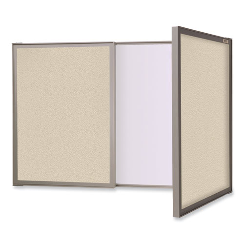Picture of VisuALL PC Whiteboard Cabinet with Fabric Bulletin Board Exterior Doors, 36" x 24", Beige/White Surface, Satin Aluminum Frame