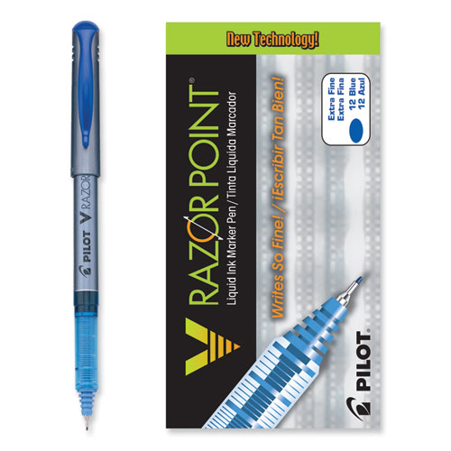 V+Razor+Point+Liquid+Ink+Porous+Point+Pen%2C+Stick%2C+Extra-Fine+0.5+mm%2C+Blue+Ink%2C+Gray%2FTranslucent+Blue+Barrel%2C+Dozen