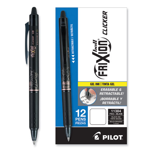 Picture of FriXion Clicker Erasable Gel Pen, Retractable, Bold 1 mm, Black Ink, Black Barrel, Dozen