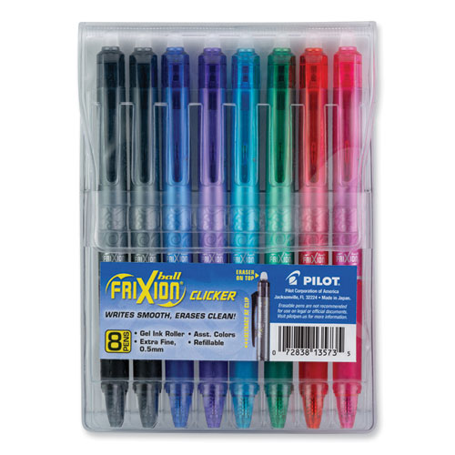 Picture of FriXion Clicker Erasable Gel Pen, Retractable, Extra-Fine 0.5 mm, Assorted Ink and Barrel Colors, 8/Pack