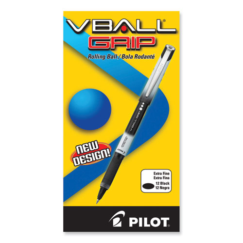 Picture of VBall Grip Liquid Ink Roller Ball Pen, Stick, Extra-Fine 0.5 mm, Black Ink, Black/White Barrel, Dozen