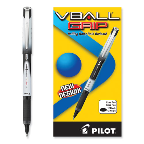 Picture of VBall Grip Liquid Ink Roller Ball Pen, Stick, Extra-Fine 0.5 mm, Black Ink, Black/White Barrel, Dozen